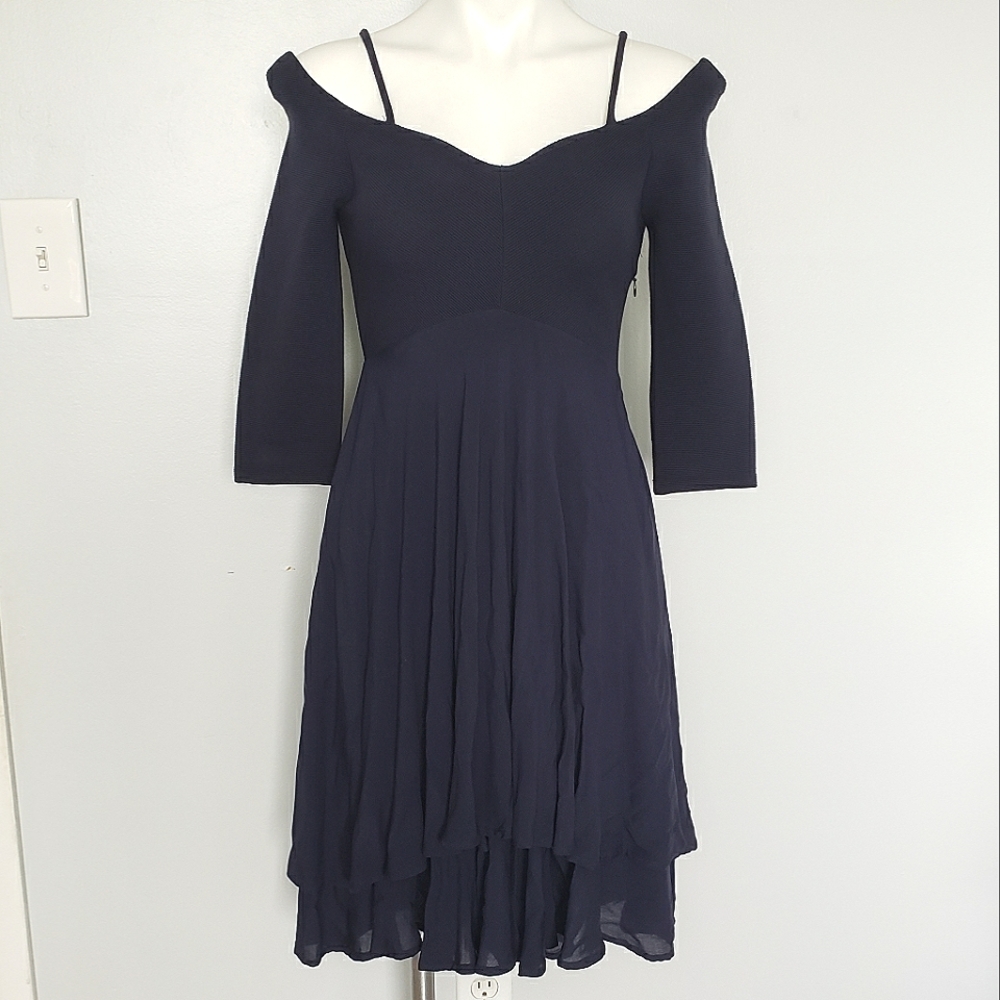 Maeve Anthro Navy Blue Off The Shoulder 3/4 Sleeve High Low Midi Dress XS Petite